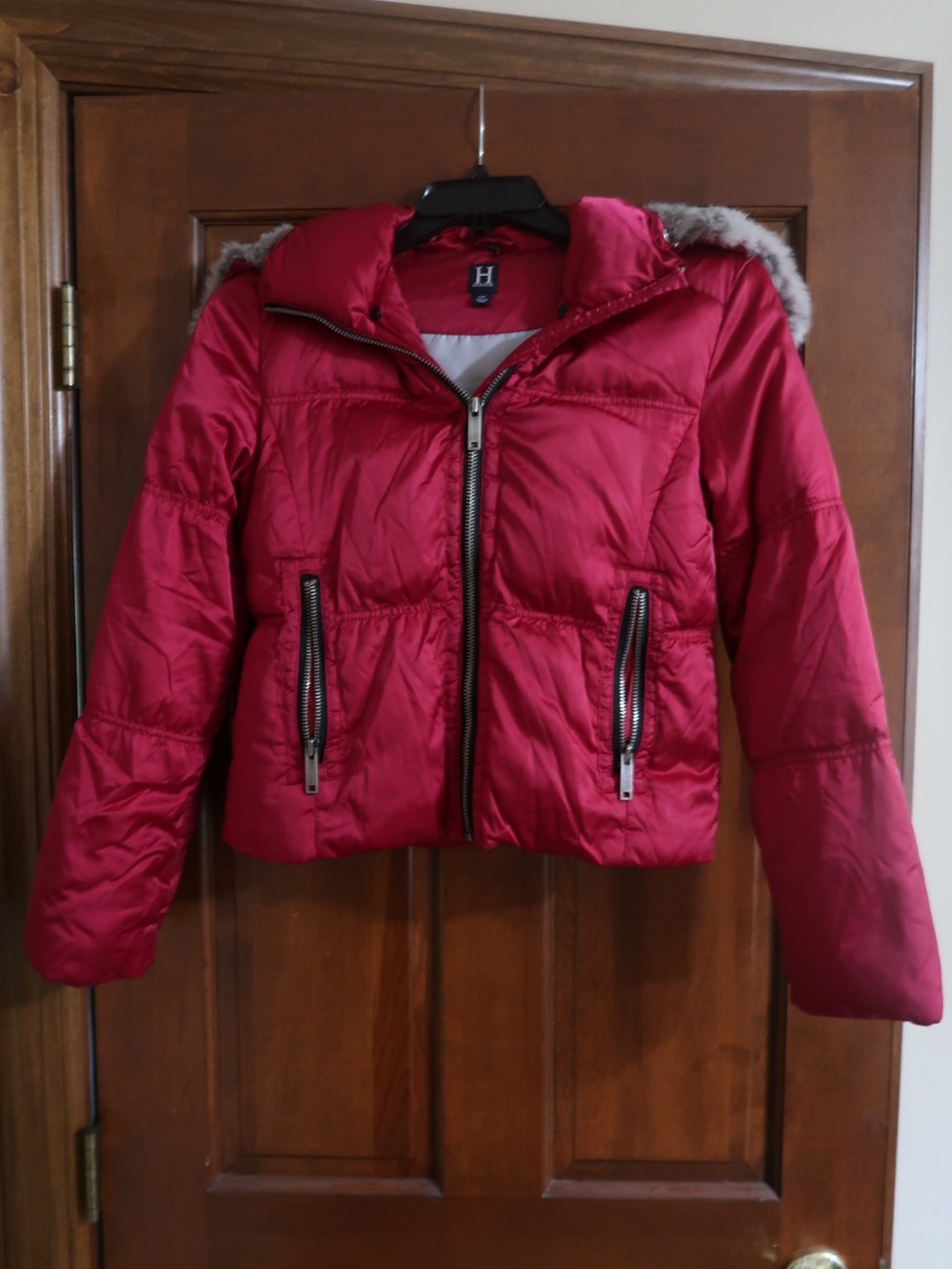 Tommy Hilfiger Red Quilted Puffer Jacket with Faux Fur Trim